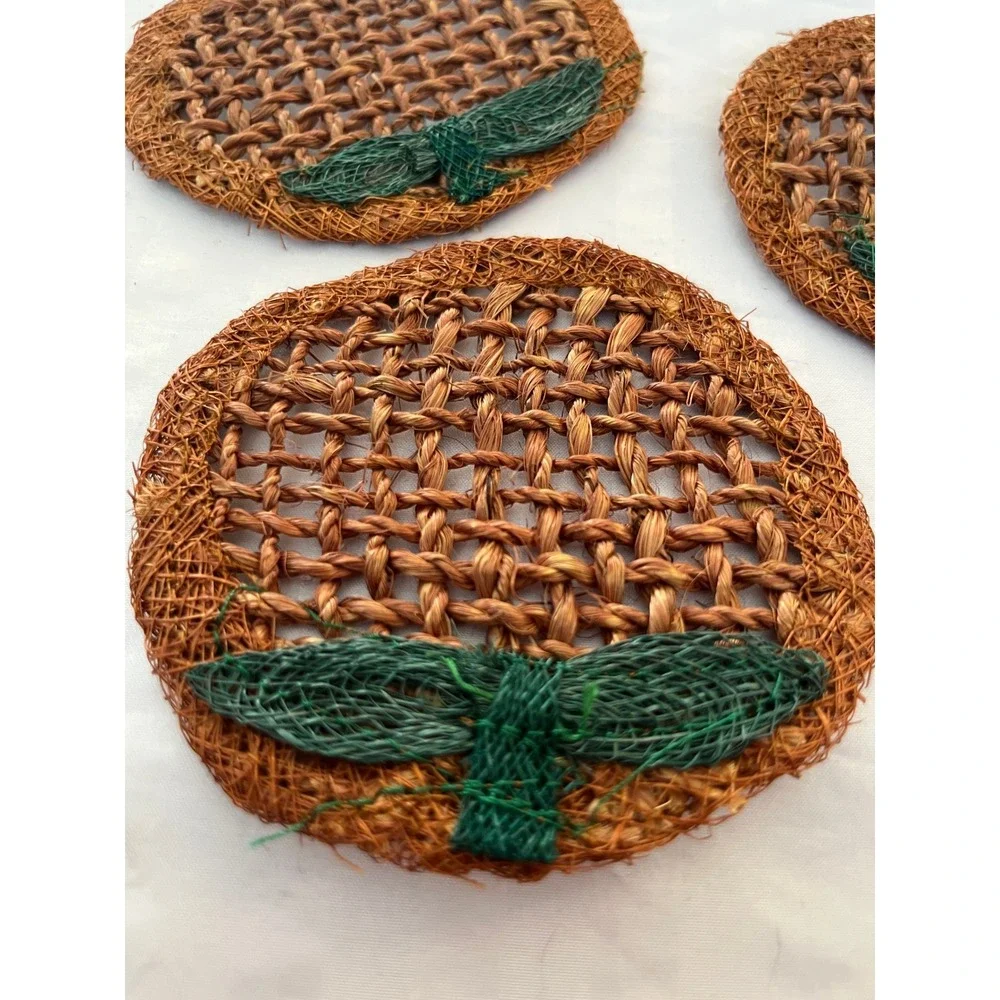 Vtg 70s Woven Straw Coasters Set 3 Green Dragonfly Boho Tiki Decor